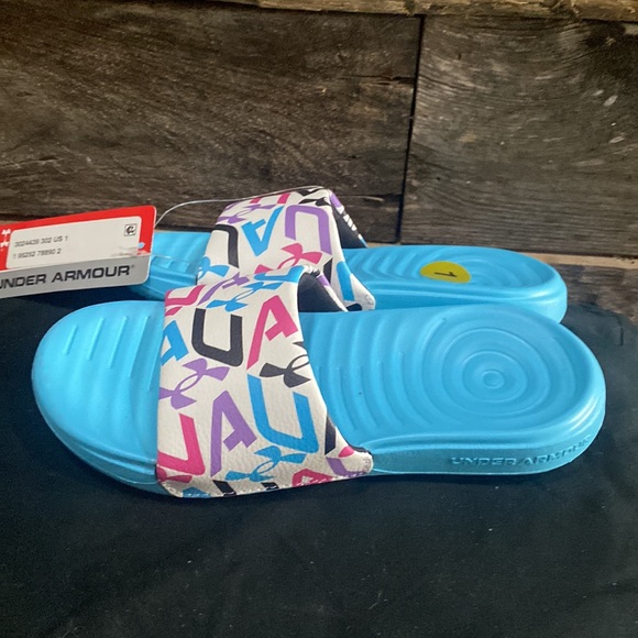 Under Armour Ansa Graphic Youth Girl Slide Sandals Size 1 Blue, White NWT IN PKG - Picture 3 of 4